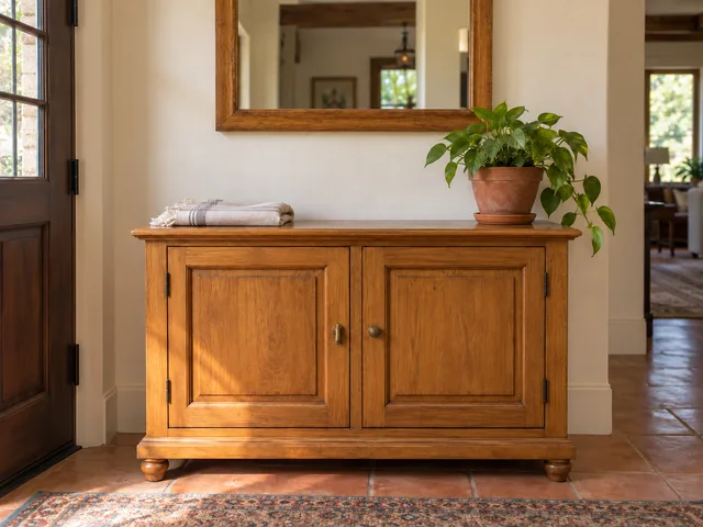 The same entry alcove with a straight cabinet pull and the wall scuffs touched up.