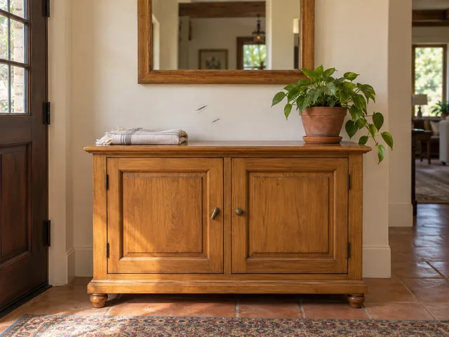 An entry alcove with a loose console-cabinet pull and small wall scuffs.