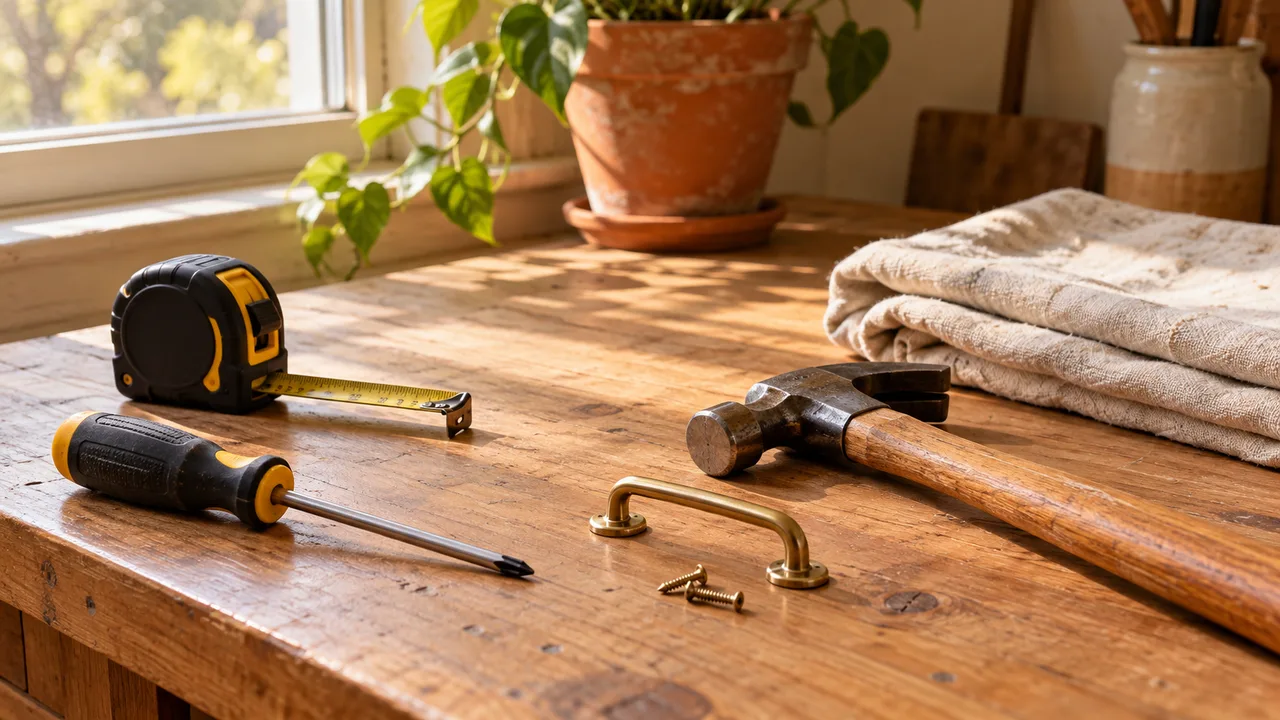 Hand tools, cabinet hardware and a folded drop cloth on a sunlit wooden workbench.